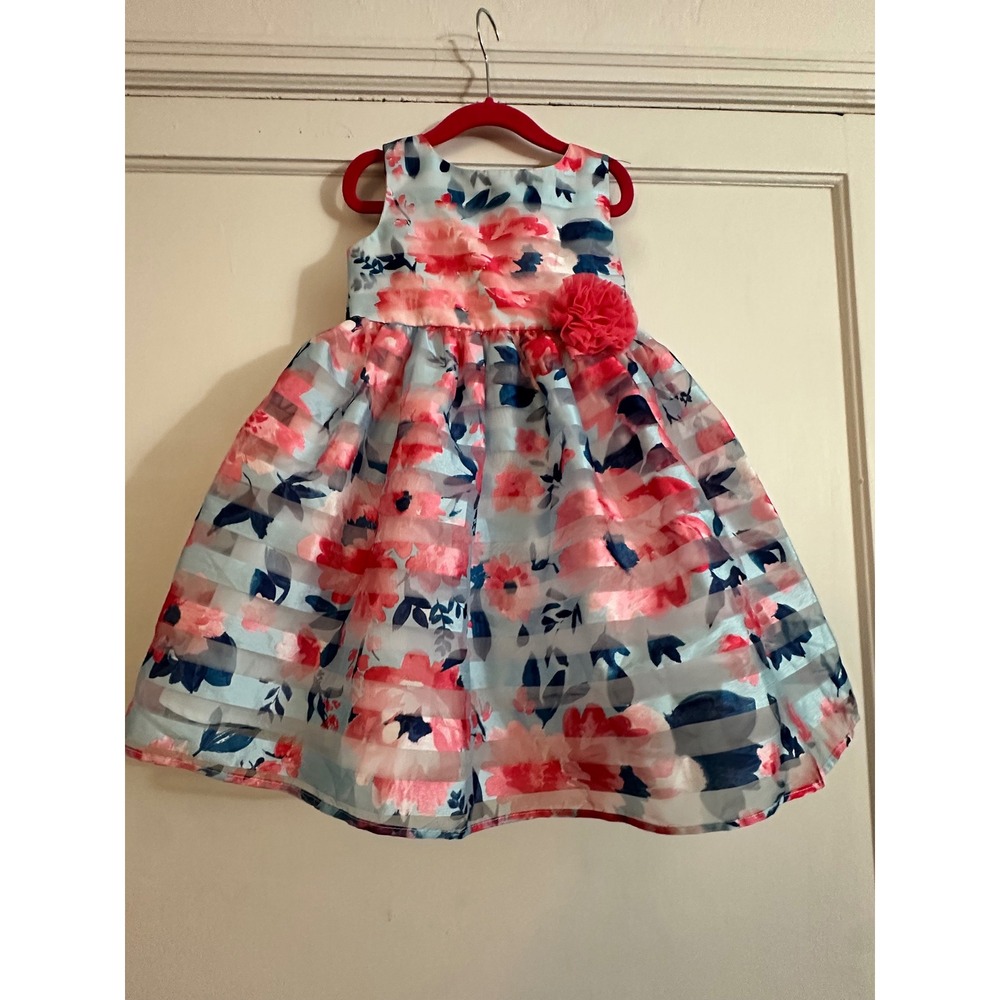 Jona‎ Michelle Floral Party Dress Girls 3T Blue Pink Overlay Flower Bow